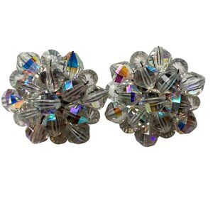 Vintage Aurora Borealis Bead Cluster Earrings Clip On Clear Iridescent Sparkly